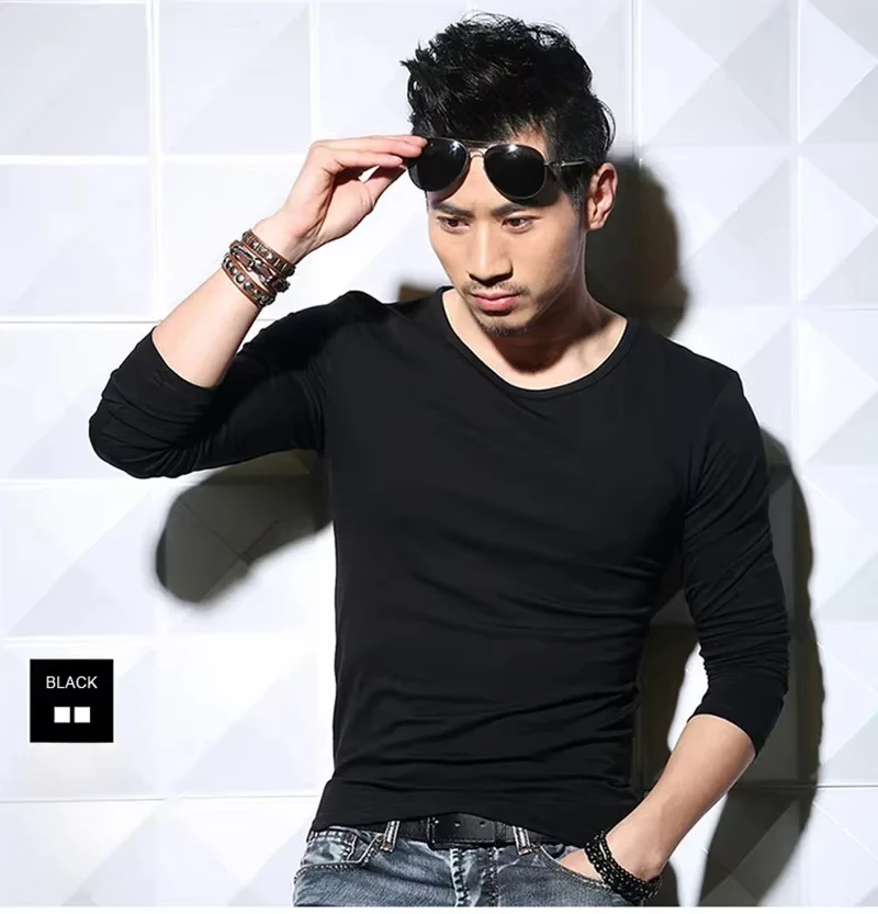 Men\'s T-Shirts Long Sleeve V Neck T Shirt 2026 MRMT Men Polyester T-Shirt Solid Color Slim Tight Man T Shirt For Male