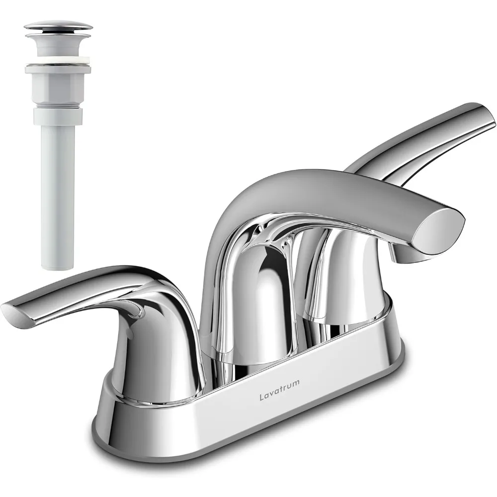 

Bathroom Sink Faucet, Solid Brass 4-Inch 3-Hole Centerset, 2-Handle Modern Vanity/RV Faucet with Drain & cUPC Lead-Free Hose