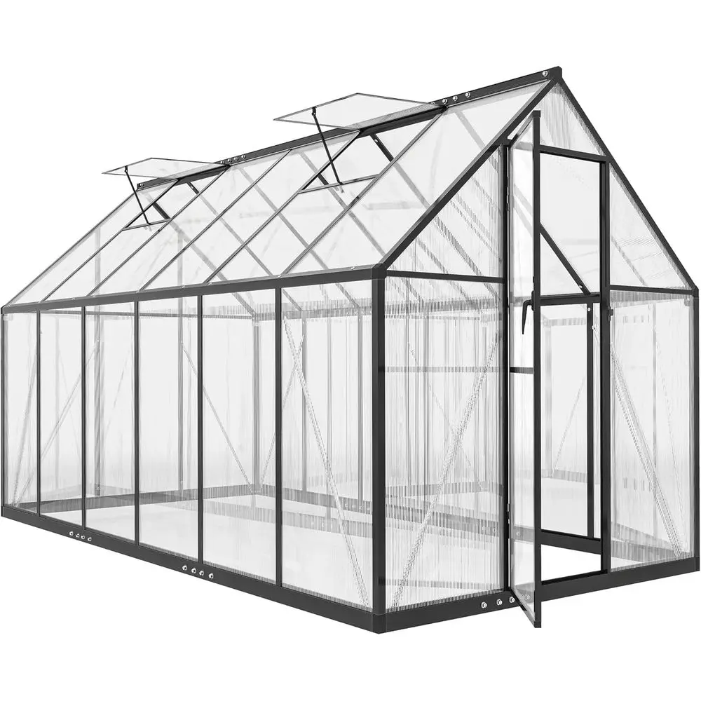 

Black Aluminum Walk-in Greenhouse, 11x6 ft, with Swing Door and Adjustable Roof Vents for Outdoor Gardening