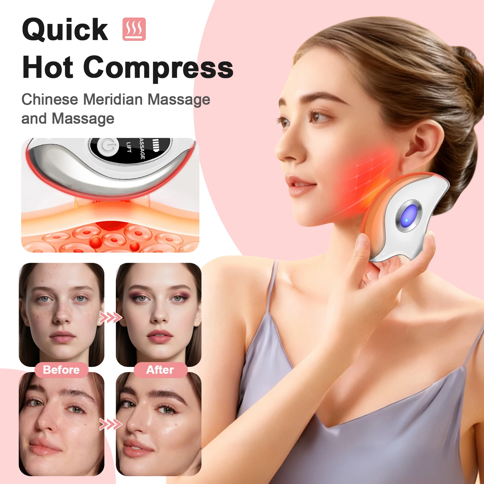 Electric Gua Sha Massage Tool with 45℃ Heat & Vibration, 2 Modes USB Rechargeable Facial Massager, Portable Home Use Beauty Devi