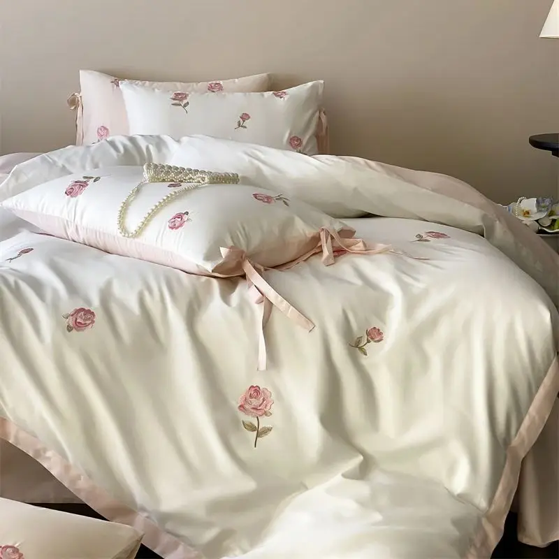 1000TC Egyptian Cotton Rose Flowers Embroidery Luxury Princess Wedding Bedding Set Duvet Cover Flat/Fitted Sheet Pillowcase 4Pcs