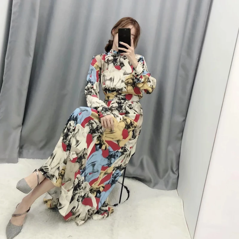 New Women vintage contrast color ink painting print casual sashes long Dress ladies stand collar bow tied vestido Dresses DS3047