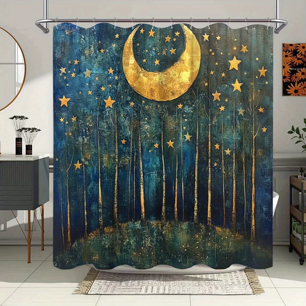 

Занавеска для душа Mystical Forest Starry Night — Золотая полумесяц, мечтательный полиэстер, идеально подходит для декора ванной комнаты или патио