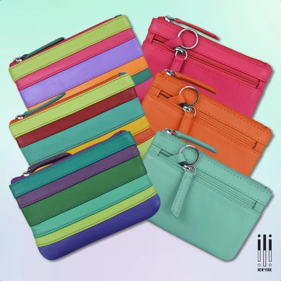 Mini Leather Coin Purse Compact Design with Key Ring and RFID Protection for Women and Men in Vibrant Colors Cool Tropics
