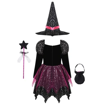 4-Piece Girls Witch Halloween Costume Set 3 4 Pieces Witch Clothing Set Dress+Hat+Wand+Bag Girls Halloween Wizard Costume 2024 Kid Make up Party Hag Witch Apparel Vestidos 3