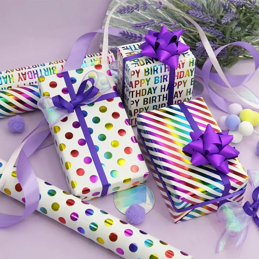 3Pcs 50x70CM Gift Wrapping Paper Wrapping Paper Happy Birthday Letter Stripes Wrapping Paper for Wedding Birthday Gift Packing