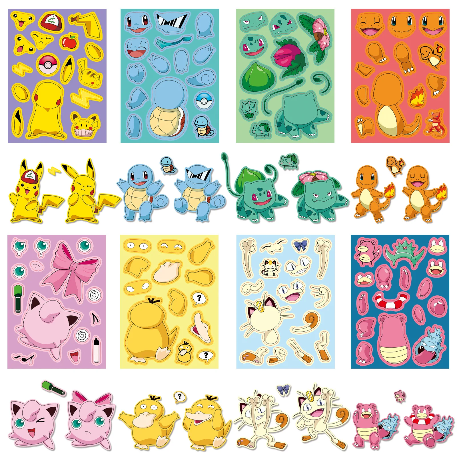 8/16Sheets Cute Pokemon Anime Puzzle Stickers DIY Make-a-Face Assemble Funny Cartoon Decal Jigsaw Fun for Children Kid Toy Gift