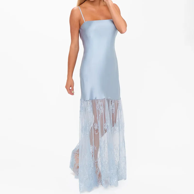 우아한 여성 웨딩 게스트 드레스 브라이덜 샤워 레이스 트림 새틴 실크 맥시 드레스 여성용 칵테일 이브닝 가운 롱 드레스