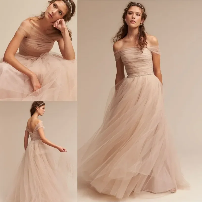 Nude  Wedding Dresses Off The Shoulder Delicate Sash Bridal Gowns Floor Length A Line Backless Wedding Gown