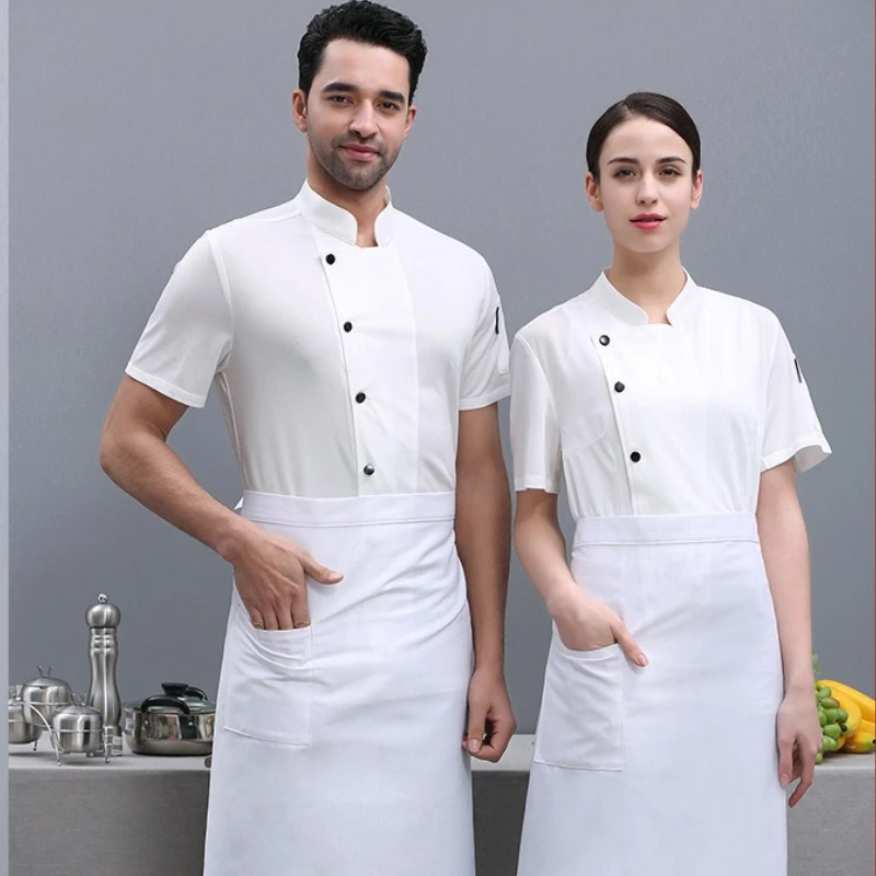 

Two-Piece Chef Uniform with Apron Breathable Short-Sleeved Chef Uniform Restaurant Hotel Kitchen Waiter Shirt