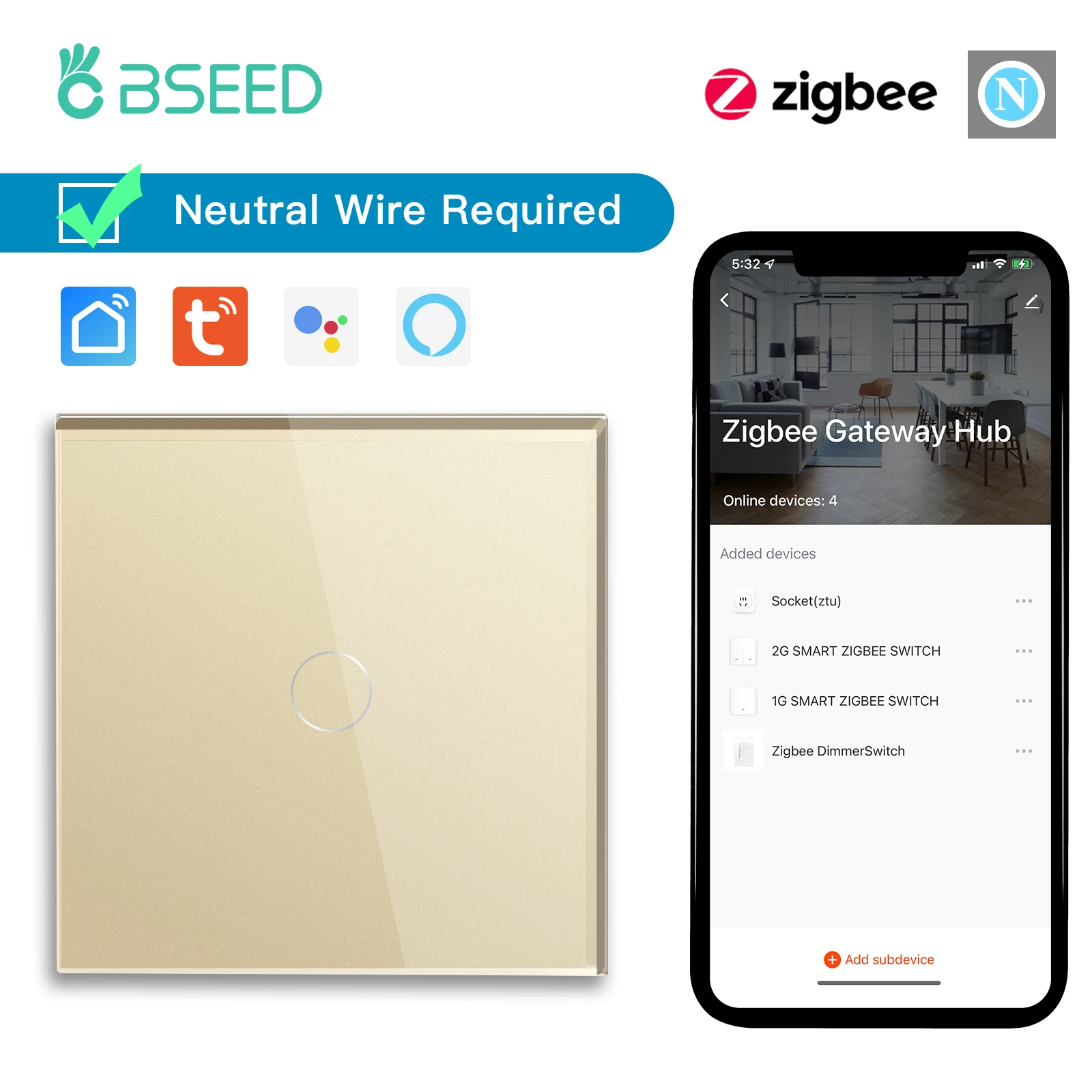 Bseed eu standard zigbee smart switch 1/2/3gang 2way touch lichtsc halter arbeiten mit tuya smart life google home neutral erforderlich