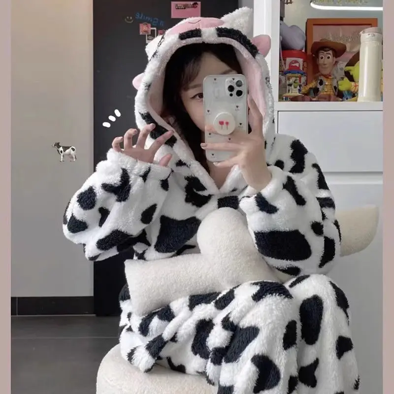 2024 Autumn Winter New Cute Cow Hooded Pajamas Sets for Woman Kawaii Sleepwear Thickened Coral Velvet Homewear Suits Loungwear