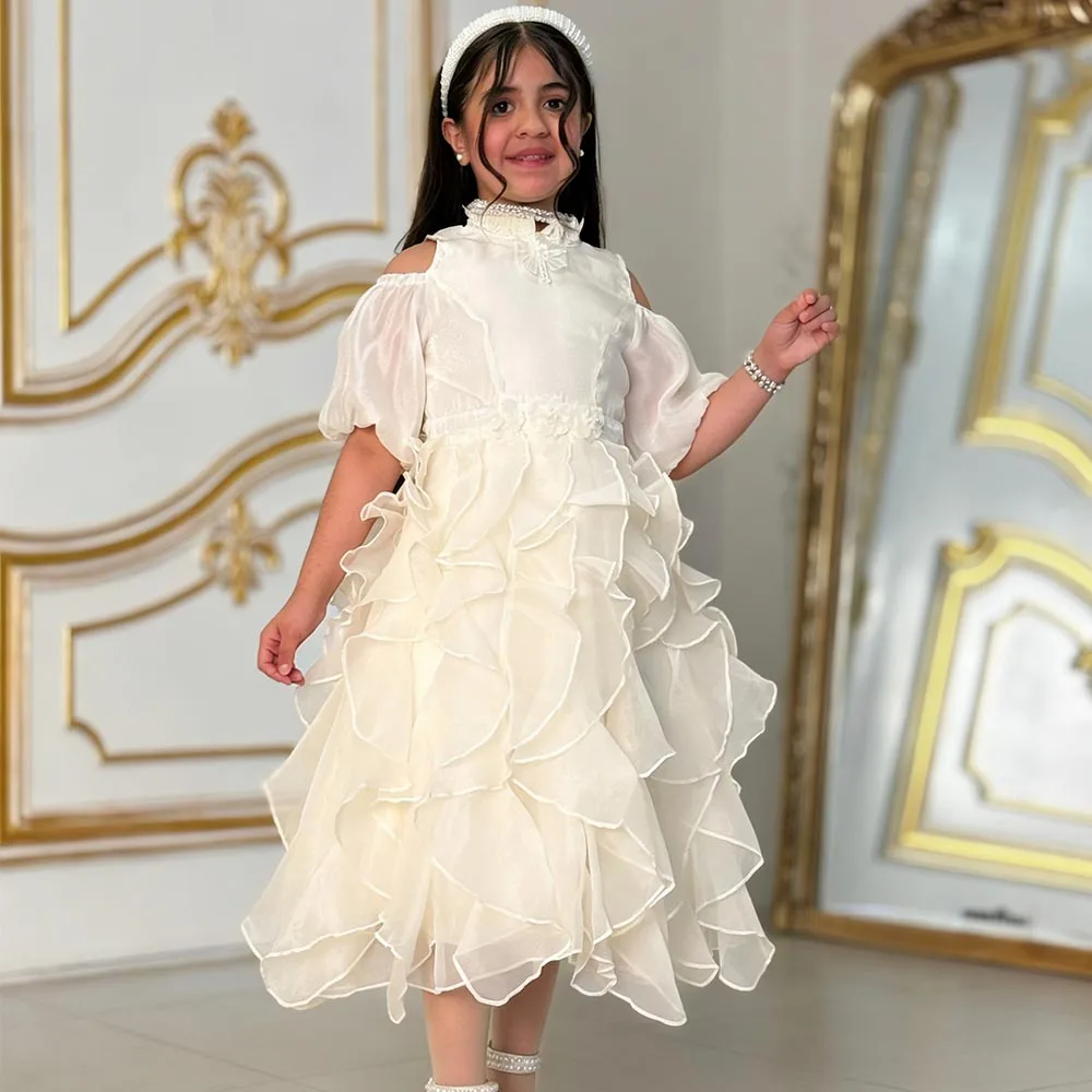 

Yellow Organza Flower Girl Dresses High Neck Dress For Girls A-line Birthday Dress Flower Girl Princess Dress Cute Kids' Dresses