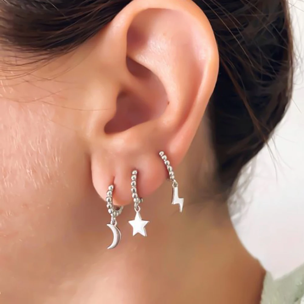 Star Hoop Earrings Gold Color Geometric Small Pendant Huggie Punk Hip-Hop Piercing Earrings For Women Stainless Steel Jewelry