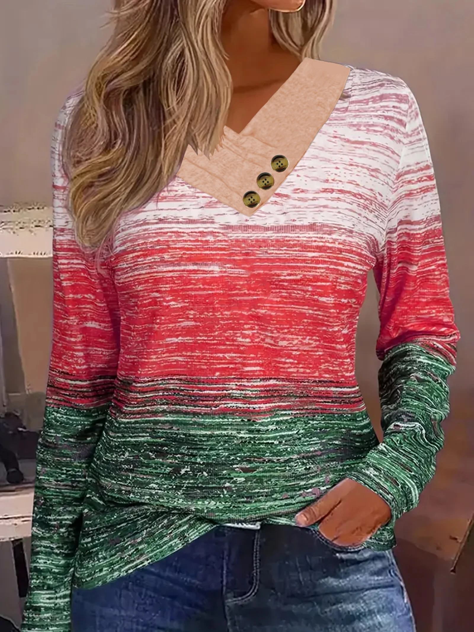 Camiseta de manga larga para mujer de talla grande con botones y cuello en V con estampado a cuadros a la moda fina de otoño