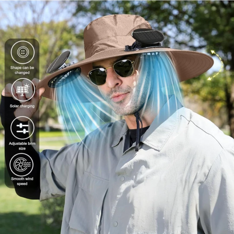 

1-10PCS Solar Powered UV Blocking Fishing Hat Wide Brim Cooling Fan Bucket Hat for Men Outdoor Summer Hiking Mountaineering Use
