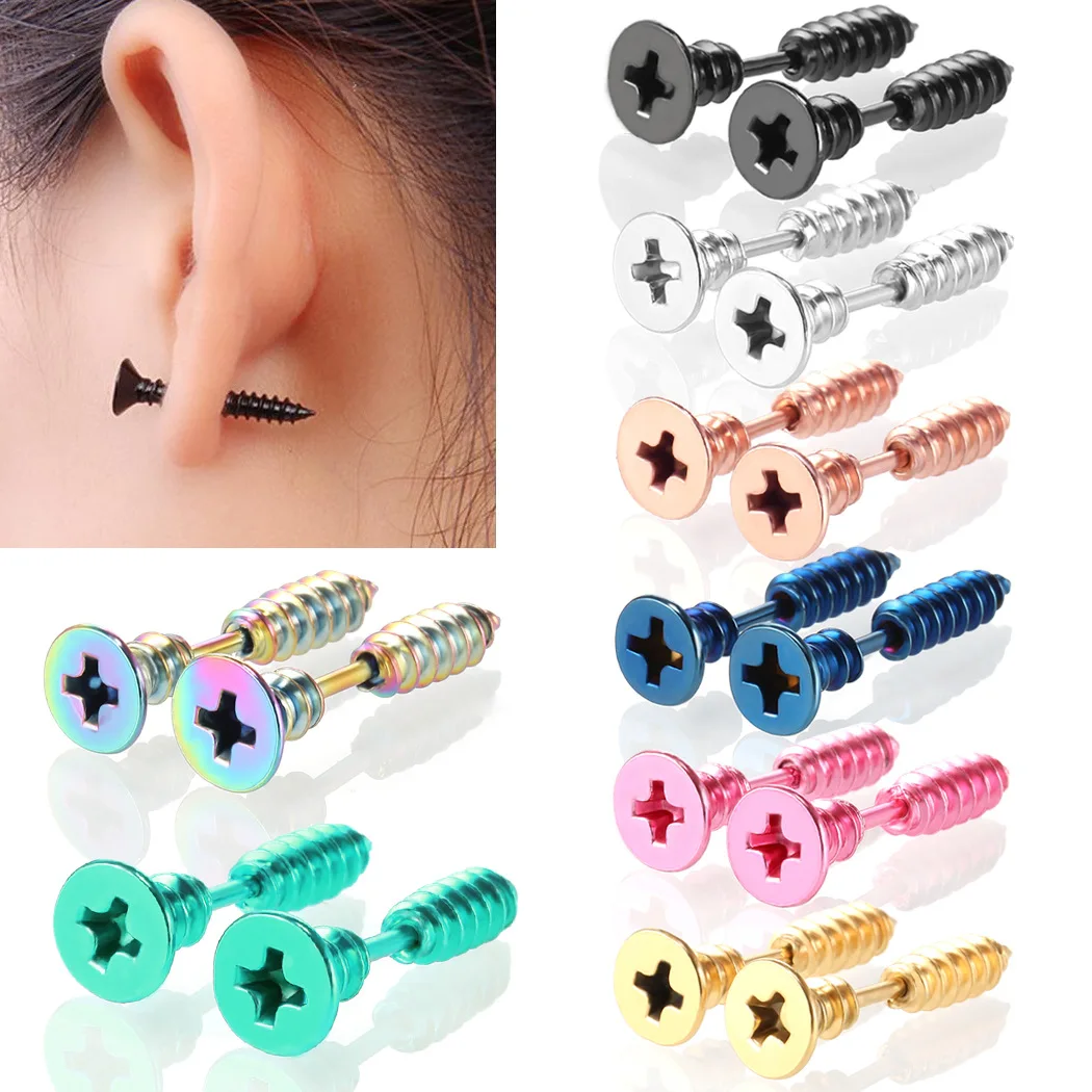 2 pieces Punk Funny interesting Screw Stud Earrings For Men & Women Anti Allergic Stainless Steel Body Piercing Ear jewelry