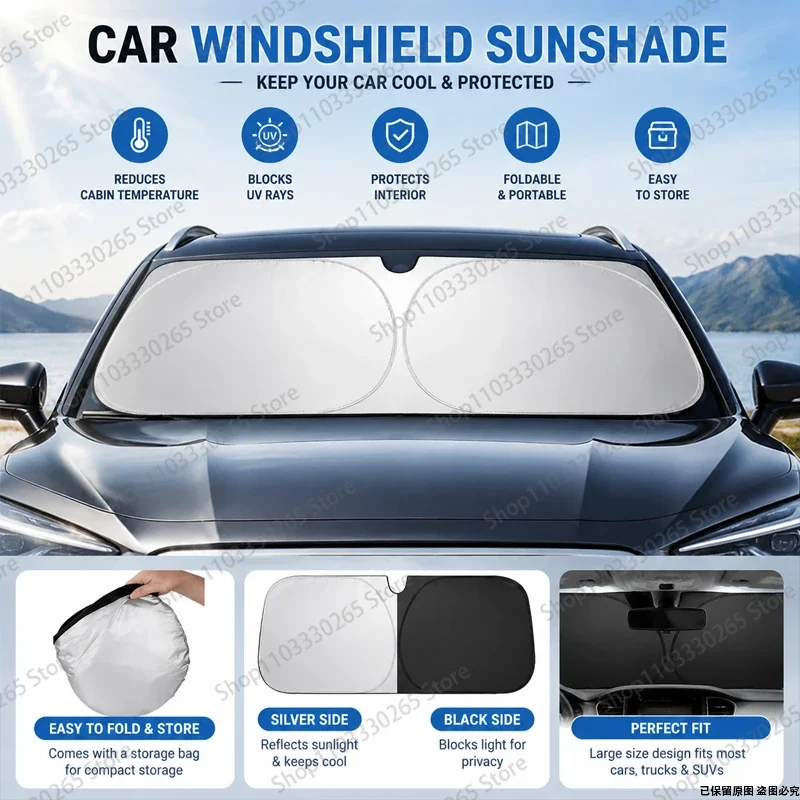 Protetor Solar Portátil para Para-brisa de Carro, Prata e Preto, Dobrável, Isolante Térmico e Protetor UV, Mantém o Interior do Carro Fresco Durante Todo o Verão