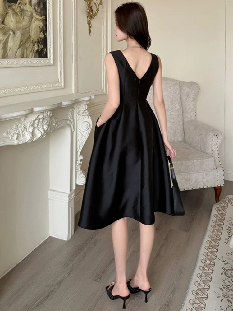 SMTHMA فستان صيفي جديد أسود مثير برقبة على شكل حرف v من الساتان الراقية للنساء بخصر نحيف بدون أكمام للحفلات