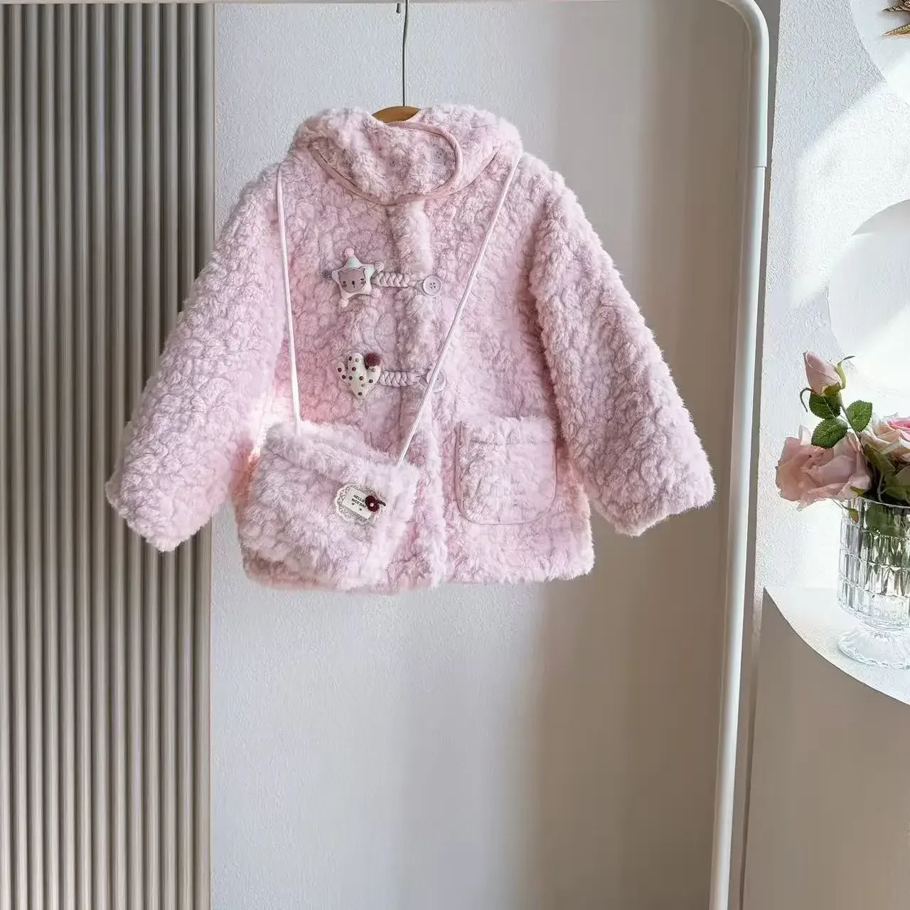 100-140cm Baby Girls' Coat Autumn And Winter 2026 New Collection Children's Velvet Warm Hoodie Overcoat
