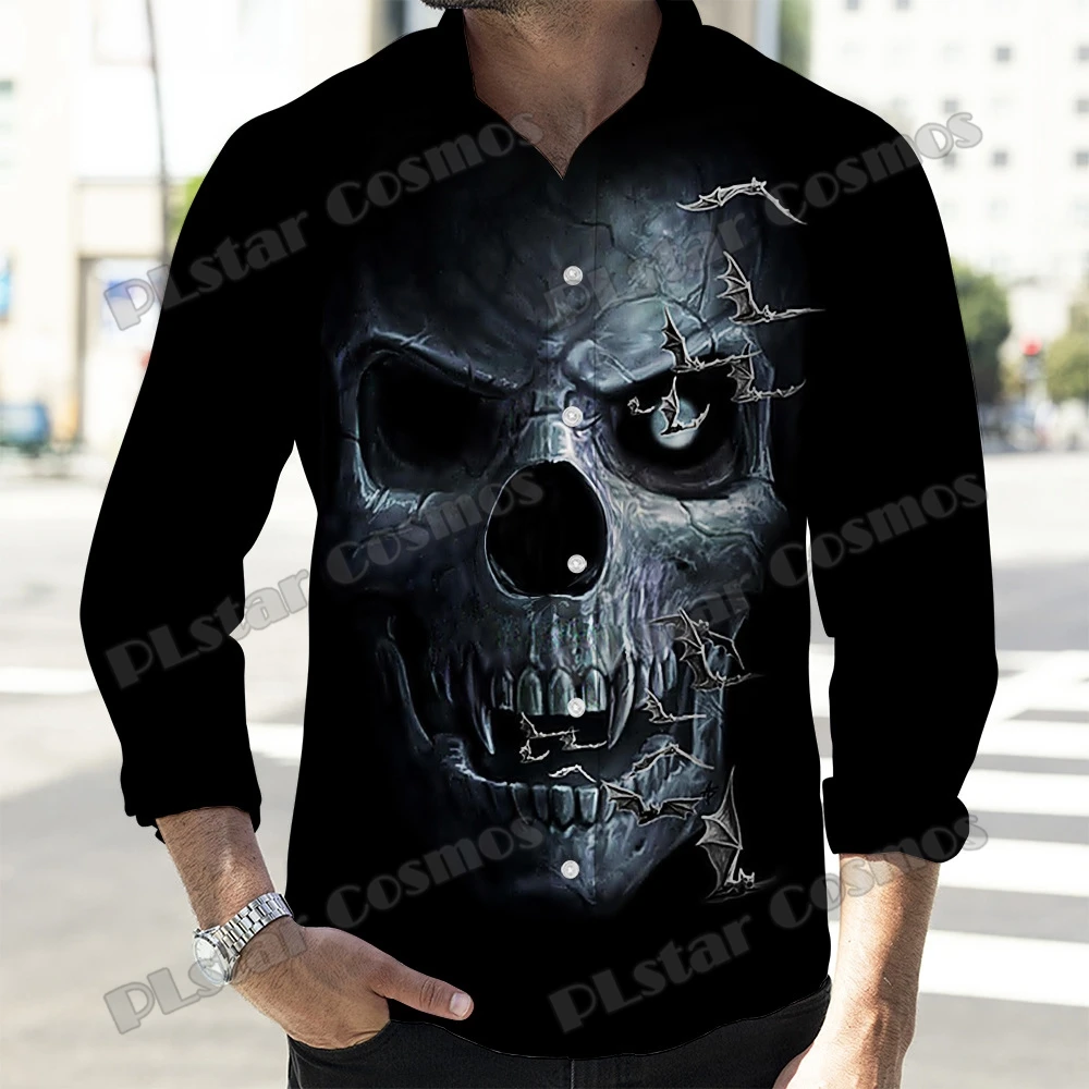 Autumn New Social Men Turn Down Collar Shirt Skull Skeleton Pattern 3D Printed Fashion Men's Long Sleeve Button Down Shirt CXS44