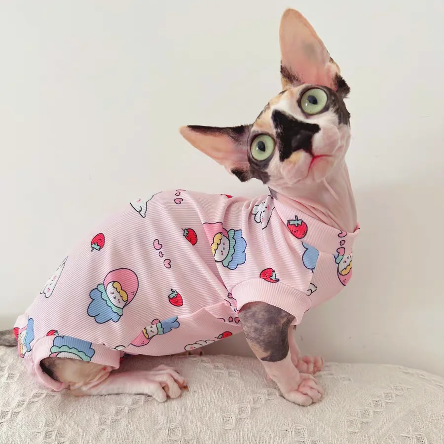 4-legged Elestic Jumpsuit for Cat Summer Cool Fabric Vest for Kittens Sleeveless T-Shirt for Sphynx Cat Pink Coat for Devon Rex