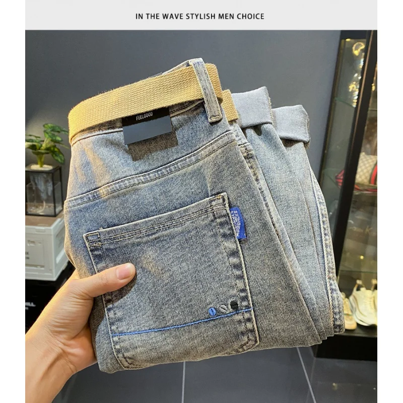 Spring 2024 retro light blue jeans men fashion brands micro-tapered skinny casual slim-fitting small straight long pants