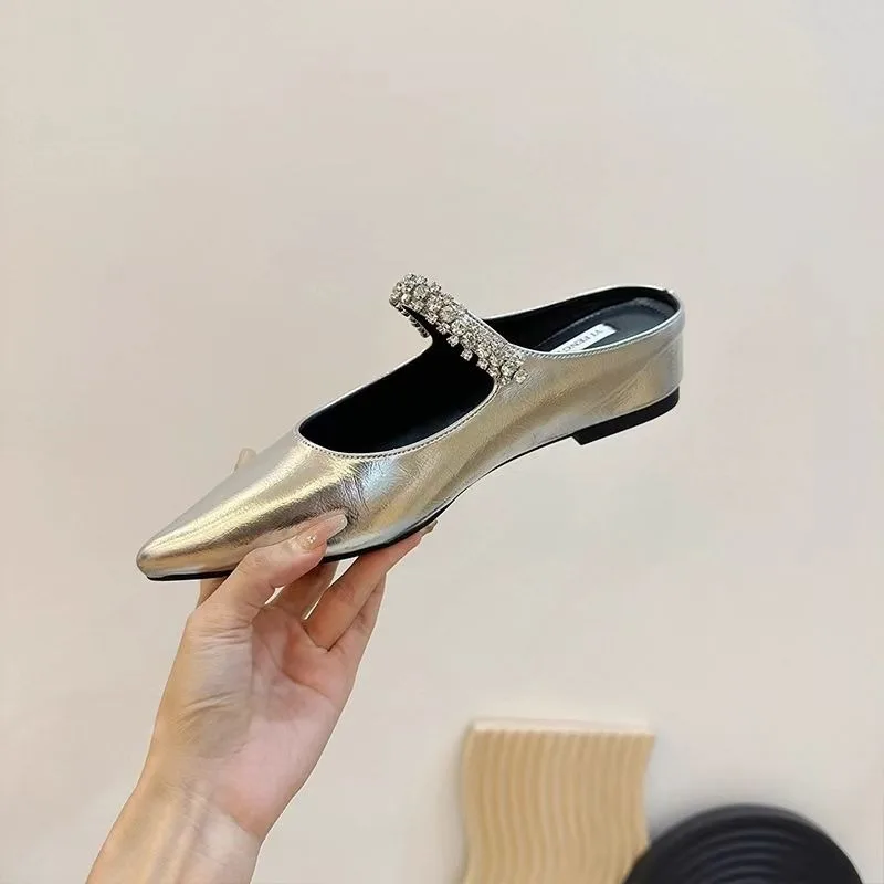 Baotou Half Slippers Female Summer New Pointy Head Rhinestone Temperament Girl Small Height Sandals