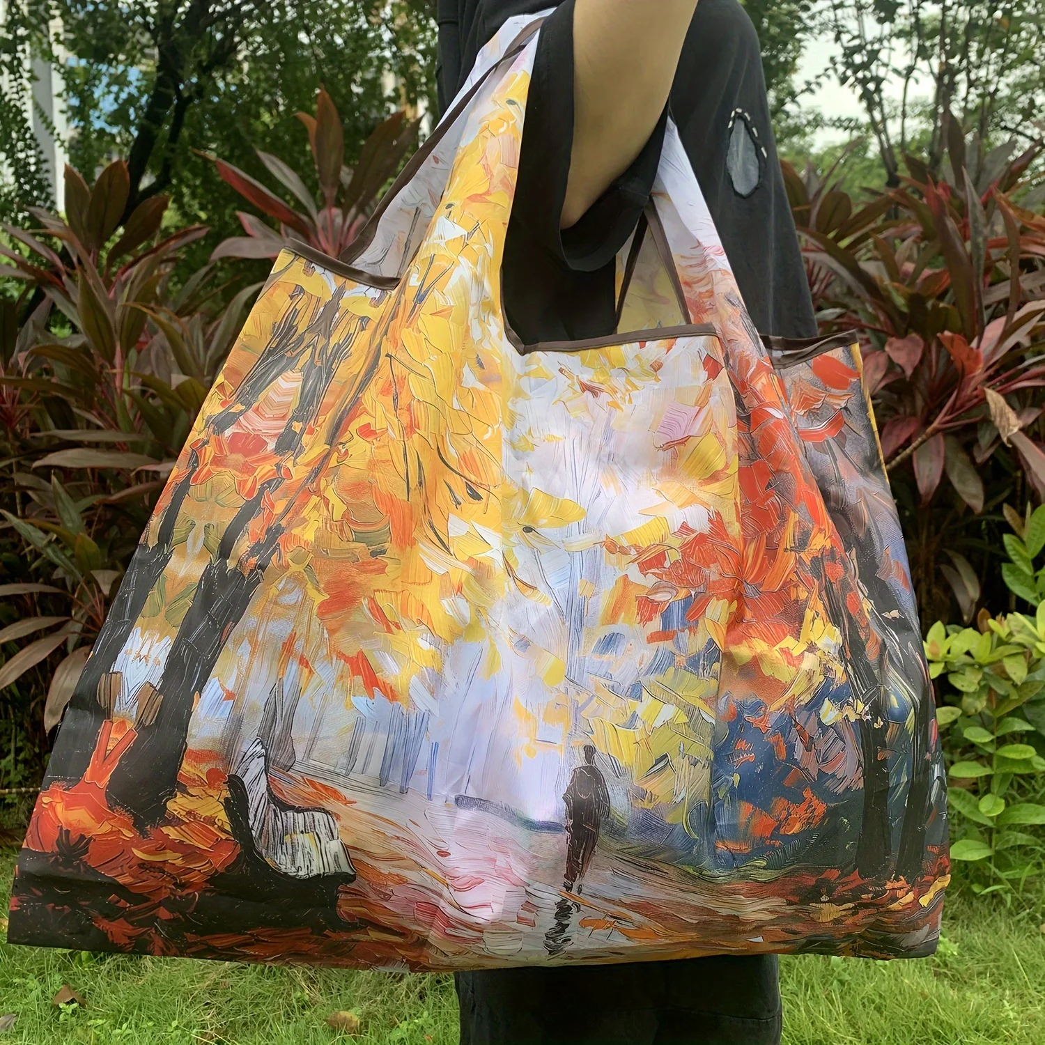 Vintage Painting Style Large Capacity Foldable Tote Bag Durable Tear-Resistant Nylon Machine Washable Shopping Bag