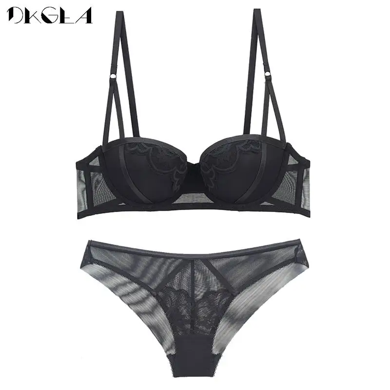 Top Sexy Brassiere 1/2 Cup Bandage Push Up Bra Set Black Thick Padded Sexy Underwear Set Women Bras Embroidery Lace Lingerie New