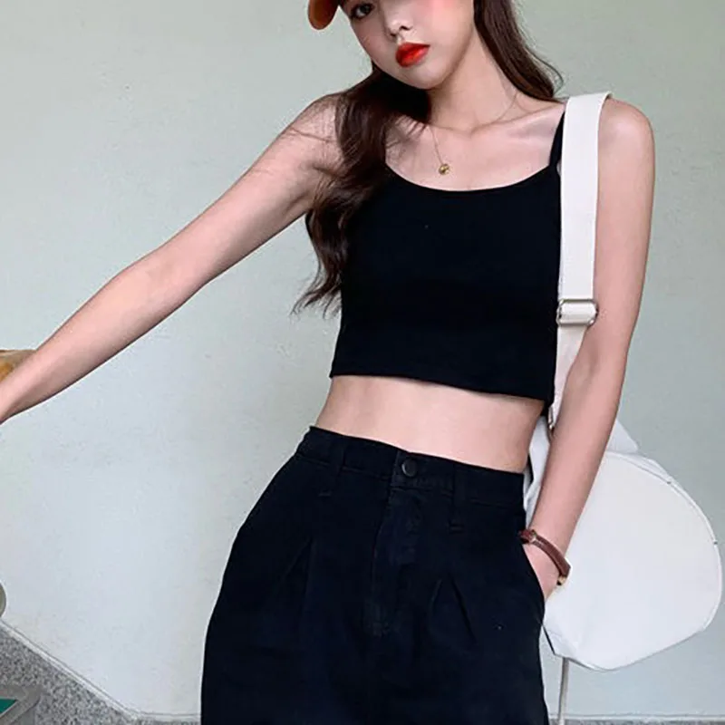 Basic Solid Camisoles Summer Casual Sleeveless Spaghetti Strap Top Women Harajuku All-match Cropped Tops Y2k Vintage Clothing