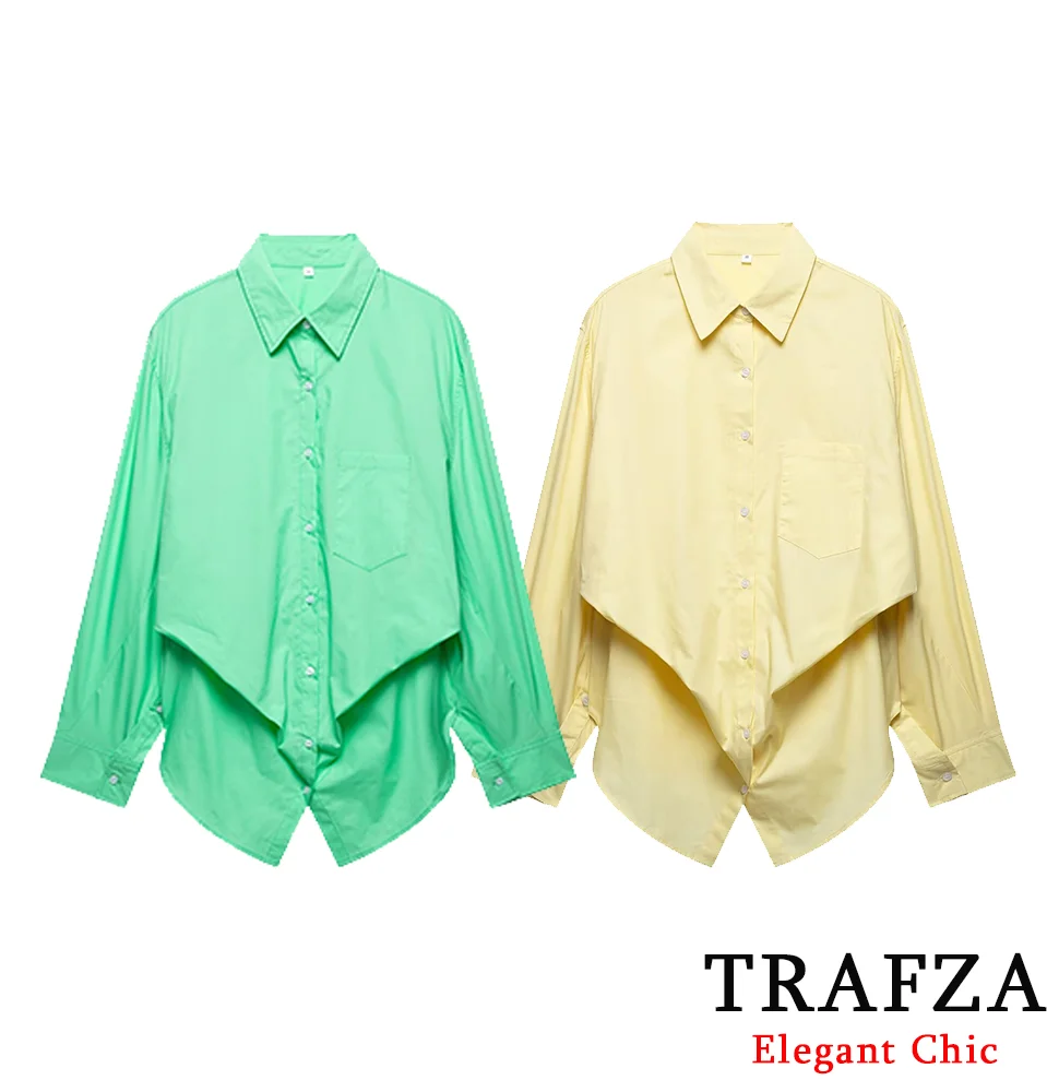 

TRAFZA-Women Casual Loose Shirt Bright Olive Green Buttons Shirts 2025 New Spring/Summer Fashion High Street Commuter Shirts