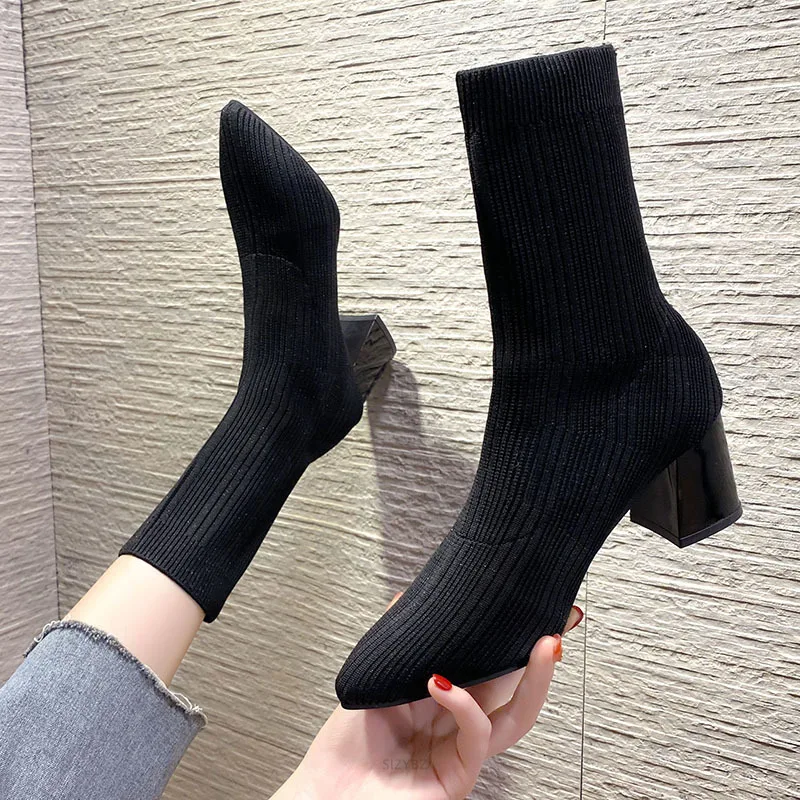 Knitted Elastic Ankle Boots New Fashion Glittering Party Shoes Slip-On Women Casual Pointed Boots Women High Heels Plus Size 43