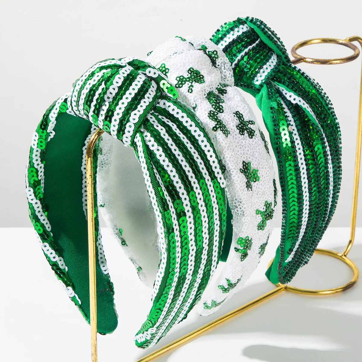 

New Hot Sale Irish Festival St. Patrick's Day Color Block Green Leaf Sequin Wide Edge Knotted Headband for Women