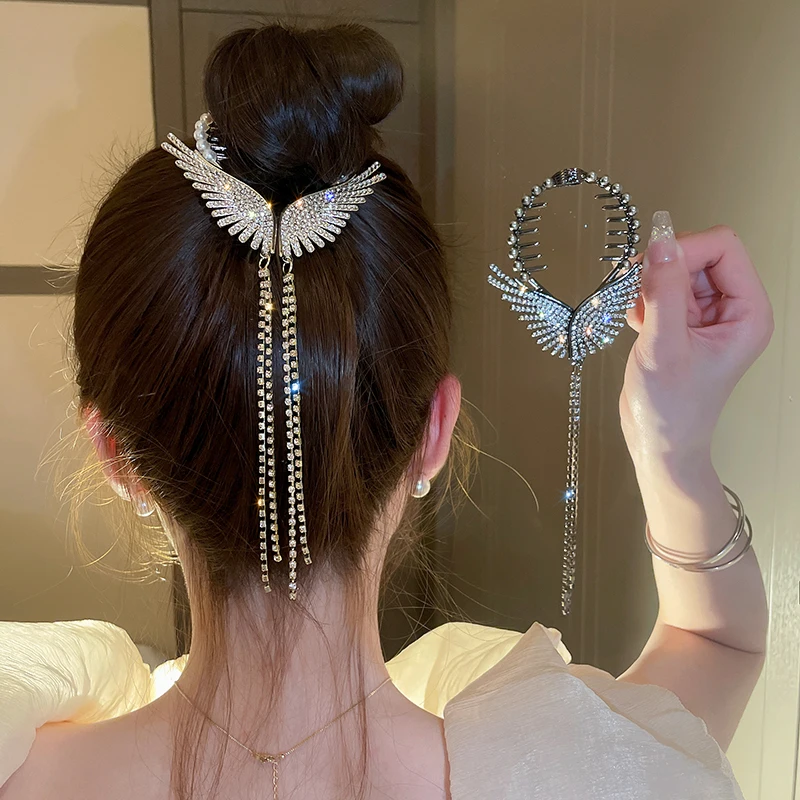 Butterfly Angel Wings Long Tassels Hair Pins and Clips Trendy Faux Pearl Horsetail Hairpin Fad Rhinestone Bridal Tiara