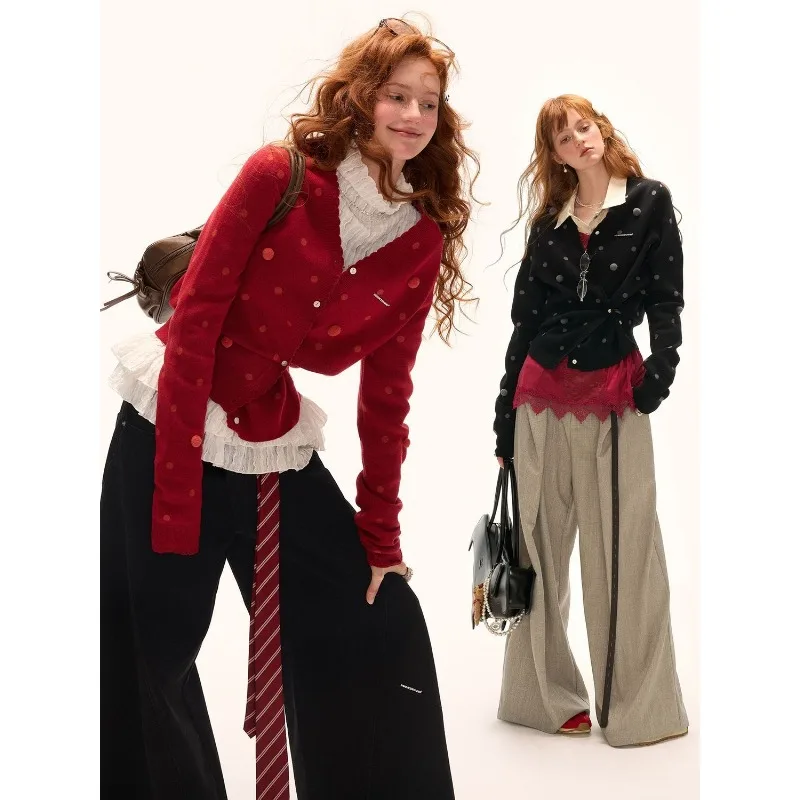 Women's 2026 Autumn Winter New Pom Pom Polka Dot Asymmetric Ruched Knit Cardigan Long Sleeve Slim Fit Chic Coquette Trendy