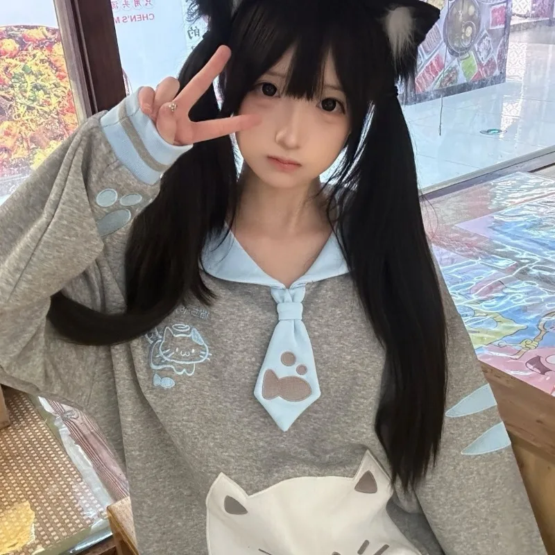 Sweatshirts Women Sailor Collar Embroidery Chic Long Sleeve Japanese Style Harajuku Cat Cartoon Design Kawaii Sweet Young Y2k