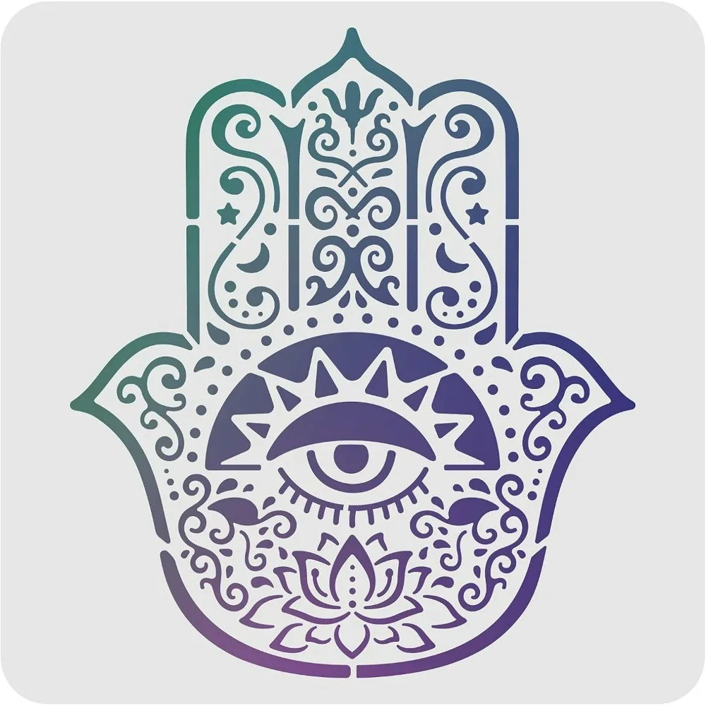 Hamsa Hand Stencil Template11.8x11.8inch Plastic Mandala Hand Drawing Painting Stencils Square Reusable Stencils for Wood Wall