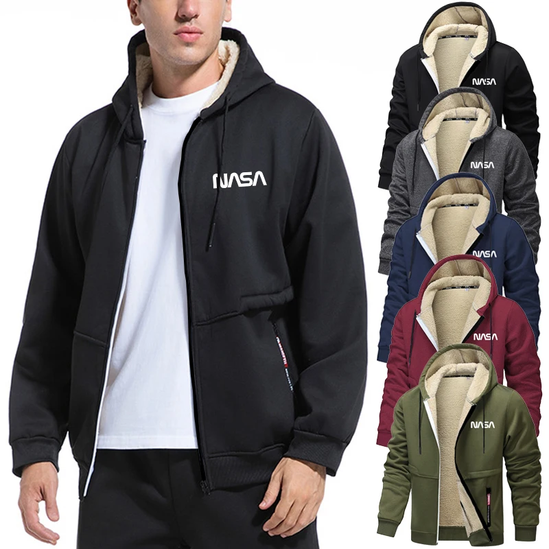 

Мужская плюшевая куртка шерпа с буквенным принтом, зимняя теплая флисовая верхняя одежда, повседневное пальто с капюшоном на молнии и карманом на молнии