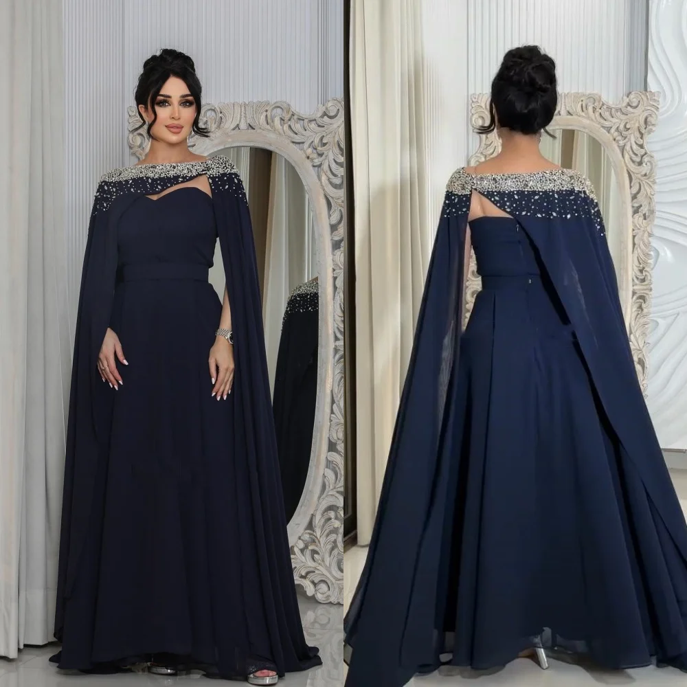 Ball Dress Evening Saudi Arabia Chiffon Beading Draped Pleat Birthday A-line Boat Neck Bespoke Occasion Gown Long Dresses