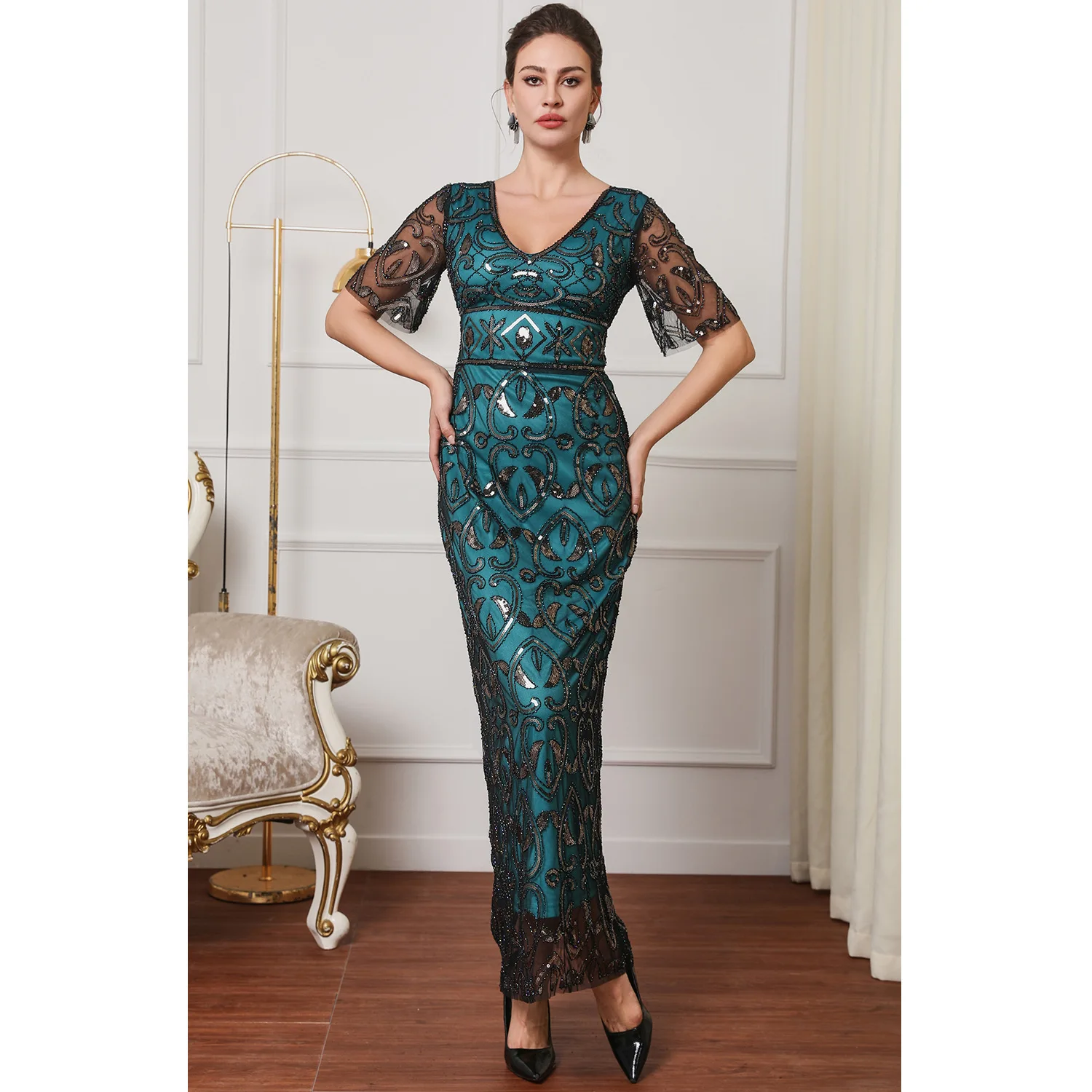 Shiny Sequin Evening Dress Fashionable Waist-Cinching Party Dress Long Gown High Waist Short Sleeve Bodycon KTV Costume