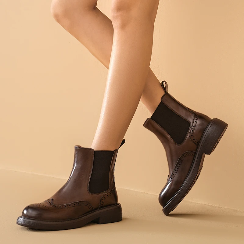 BEAUTODAY Chelsea Boots Women Genuine Cow Leather Solid Color Elastic Band Ankle Boots Slip-on Ladies Shoes Handmade 03D66