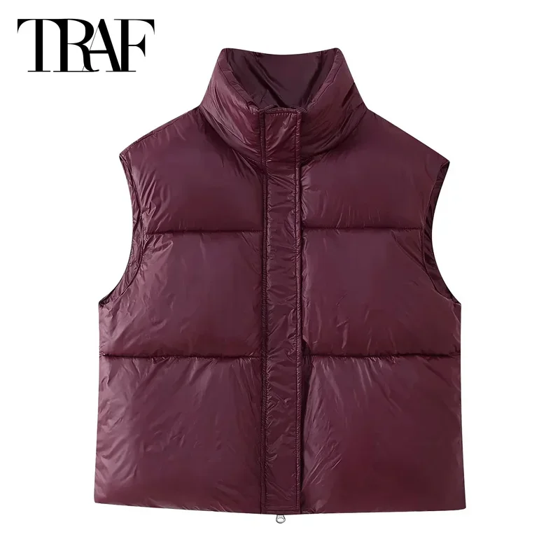 TRAF 2024 Women's Padded Vest Warm Winter Jacket Lightweight Sleeveless Parkas Elegant Casual Red Waistcoat New In Outerwears