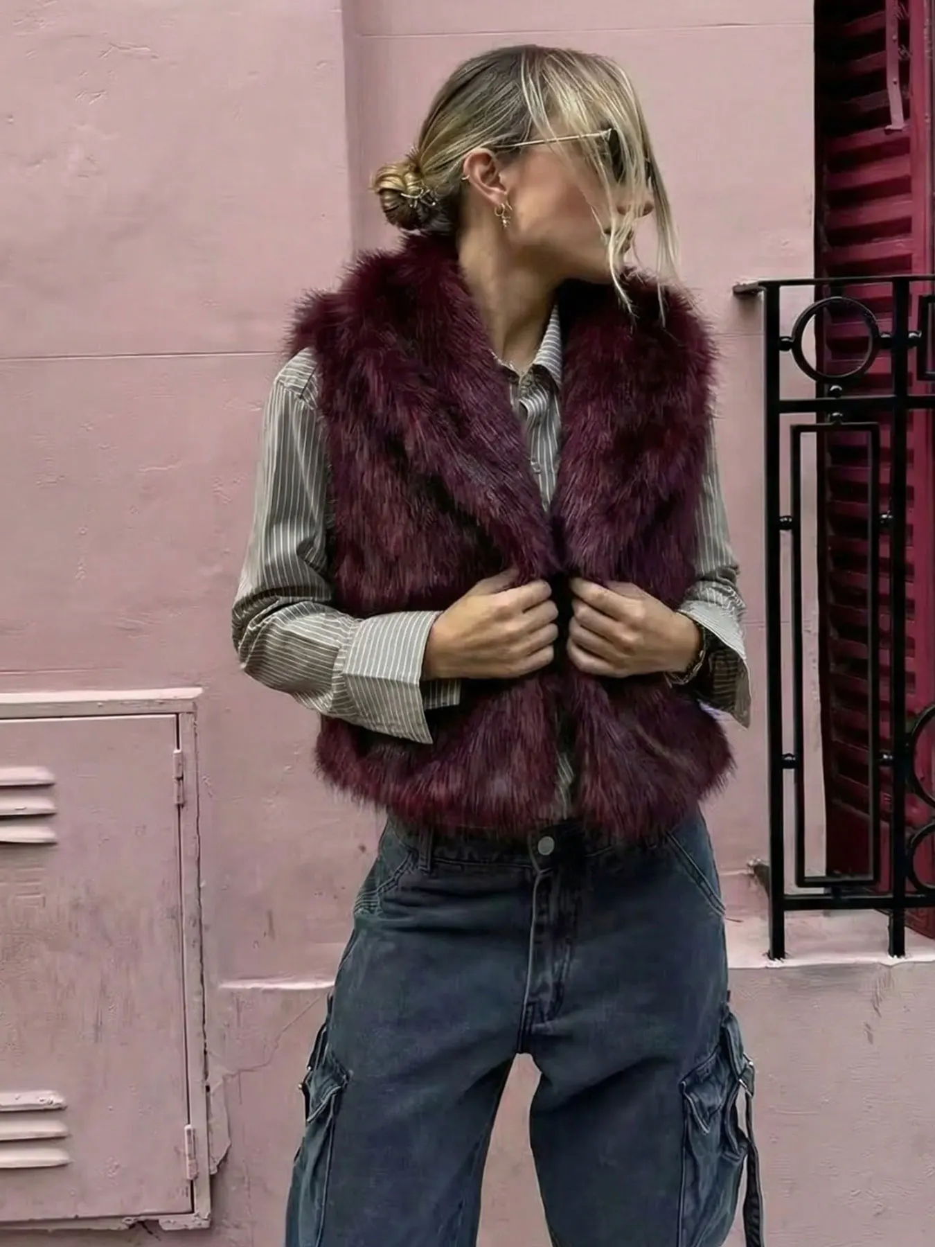 HH Women Elegant Solid Sleeveless Faux Fur Coat Casual Vest Tops V Neck Waistcoat Autumn Winter Street Fashion Commuting Outwear