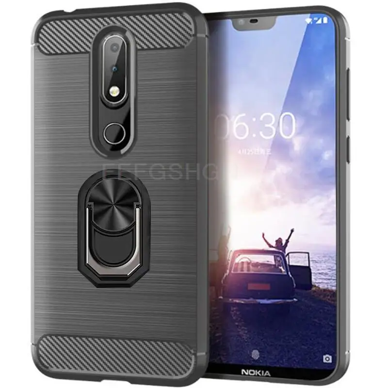 Capa For Nokia 2 V 2.2 Brushed Carbon Fiber Soft Silicone Case For Nokia 1 5.1 6.1 7 Plus 8 8.1 Magnetic Ring Stand Cover