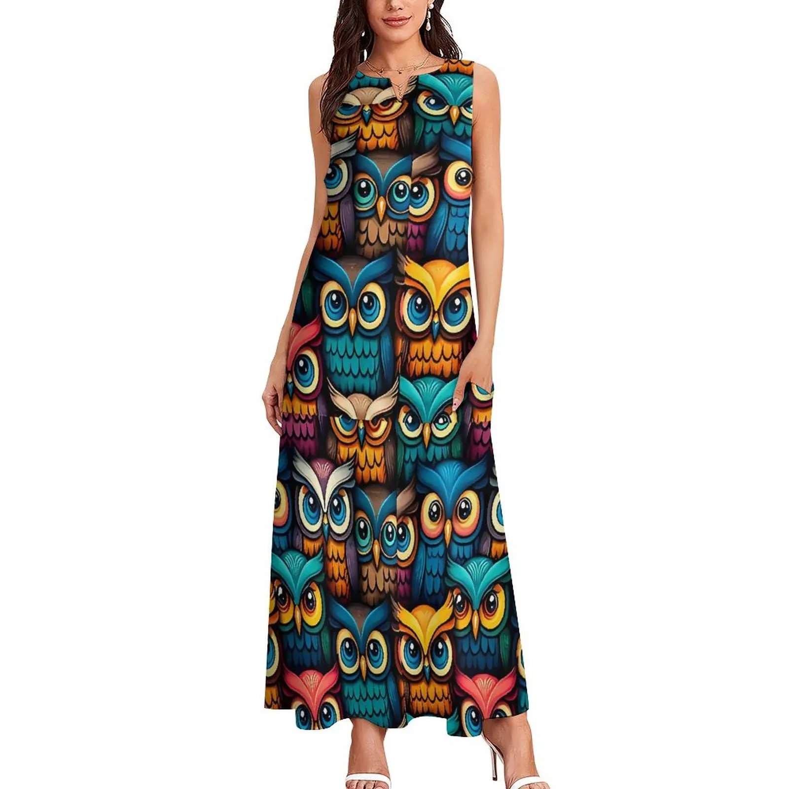 Colorful Bold Owl Dress Summer Cartoon Animal Street Style Casual Long Dresses Ladies Elegant Maxi Dress Gift