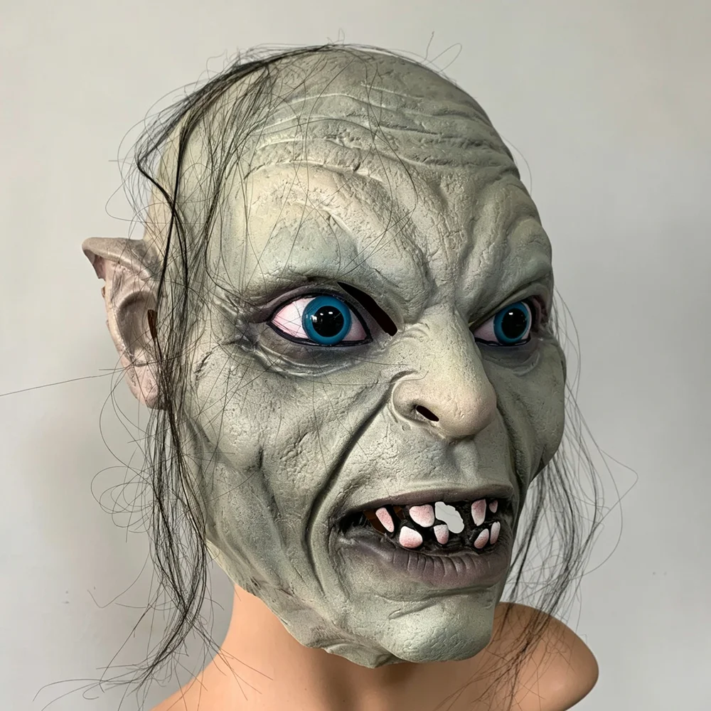 Gruselige Monster-Latexmaske mit Haaren und Spitzohren, Schreckliches Kreatur-Kopfteil für Halloween-Cosplay, Maskerade-Party-Kostüm-Requisiten – Detail 9