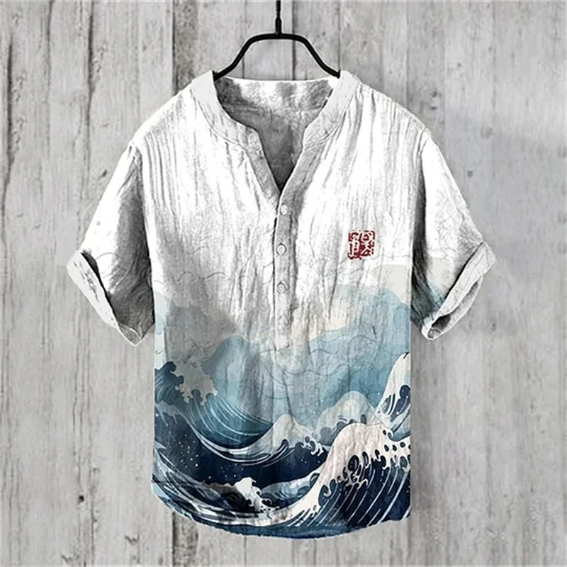 

2024 Summer Men's V-neck Short Sleeve T-shirt Casual Print The Great Wave off Kanagawa Linen Blended Shirt