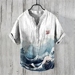 2024 Summer Men's V-neck Short Sleeve T-shirt Casual Print The Great Wave off Kanagawa Linen Blended Shirt