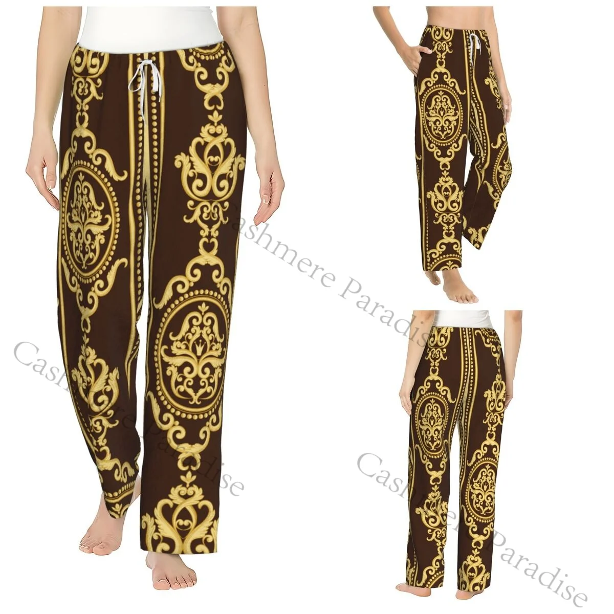 

Golden Luxury Baroque Flannel Pajama Pants for Women Soft Warm Sleep Pants with Elastic Waistband